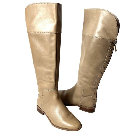 Franco Sarto Knee High Womens 7M Riding Boot Beige Leather Casual Zip Up Studded - Picture 1 of 9